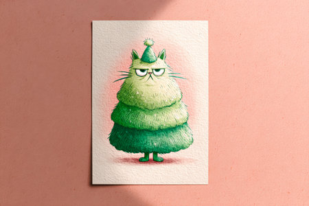 Whimsical cat illustration resembling a Christmas tree with festive colors and playful expressionの素材