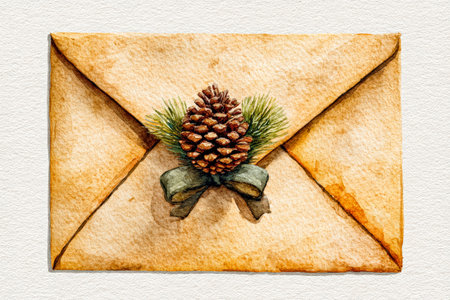 Watercolor illustration of a festive envelope adorned with pinecone and greenery for holiday greetingsの素材