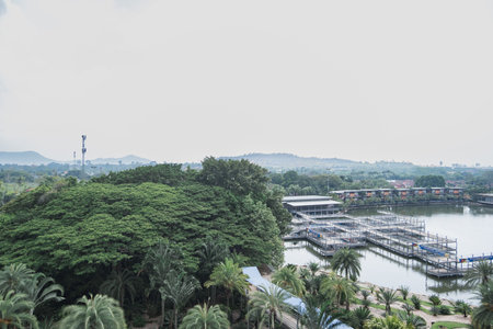 Serene marina with boat docks is surrounded by lush greenery and palm trees, reflecting calm waters...