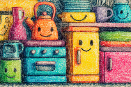 Colorful kitchen appliances with smiling faces, festive decor for Christmas and New Year celebrationsの素材