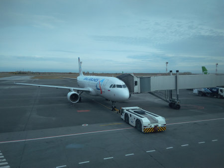 Russia, Novosibirsk, 05.10.2019: airport aircraft maintenance preparation and ramp for passengers in flightのeditorial素材