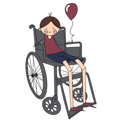 A disabled boy was sitting in a wheelchair. Red balloonの写真素材
