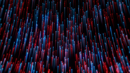 Abstract 3d illustration of red and blue glowing lines on black backgroundの写真素材