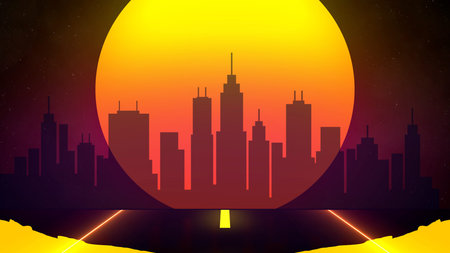 Night city landscape with neon lights and the sun. Vector illustration.