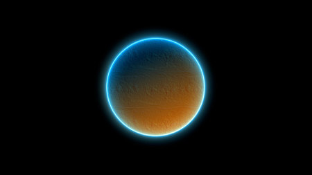Illustration of a planet with a blue glow on a black backgroundの写真素材