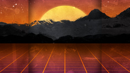Digital illustration of a futuristic landscape with mountains in red and orange colors