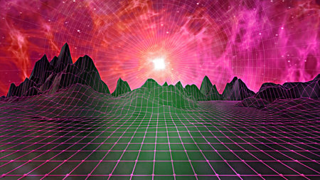 3d illustration of abstract geometric wireframe landscape with mountains and sun