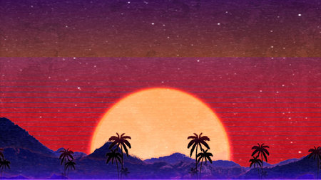 Sunset background with palm trees and mountains. Japanese style illustration.