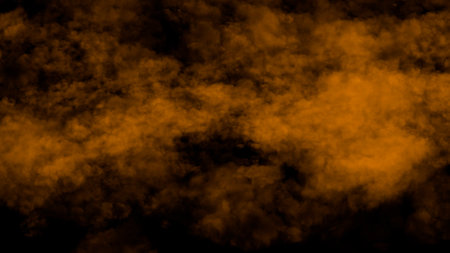 Background of abstract orange color smoke isolated on black background. The wall of orange fog. 3D illustrationの写真素材
