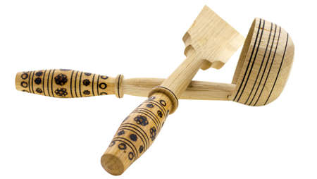 Wooden kitchen utensils isolated on white background.の写真素材