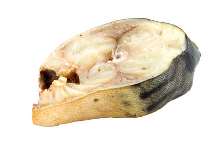 Smoked mackerel isolated on white backgroundの写真素材