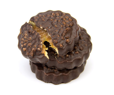 Chocolate cookies with cream filling isolated on white background.の写真素材