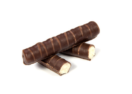 chocolate wafer sticks isolated on white backgroundの写真素材