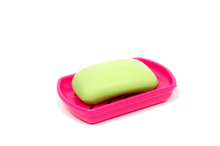 Soap in soap dish isolated on a white background. Flat lay top viewの写真素材