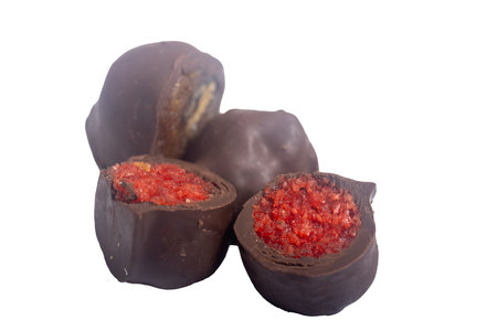Chocolate bars with caramel and cookies on a white background. Front view on chocolate barsの写真素材