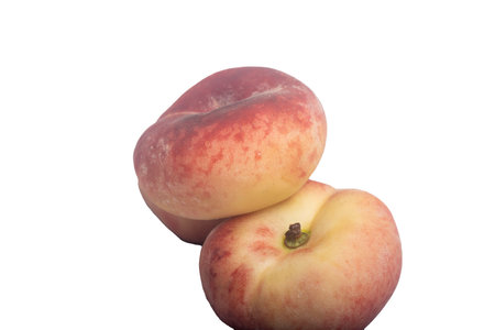 Peaches. Fresh peach isolated on white background. Peach in a cut.の写真素材