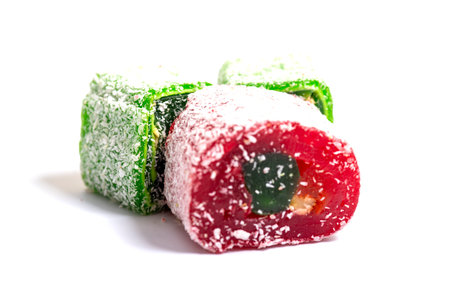 Delicious colorful marmalade isolated on white background. Colorful fruit jelly candy. Various fruit candyの写真素材