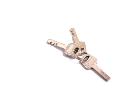 details of key ring with various door and car keys against a white background,