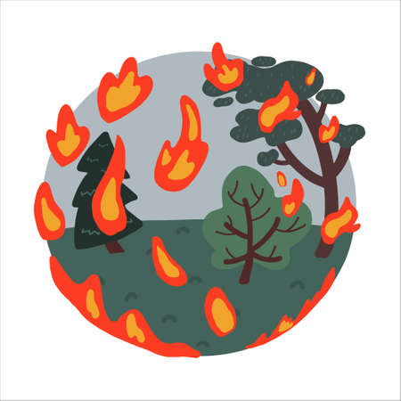 Forest fire. Trees on fire. Extreme natural phenomenon. Vector isolated illustration.のイラスト素材