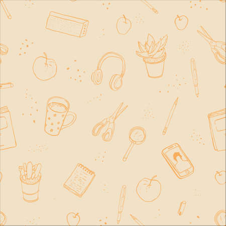 A pattern with self-education things. Book, pen, apples, magnifier, tea mug, smartphone, notepad, headphones, potted plant, scissors. Vector isolated illustration.のイラスト素材