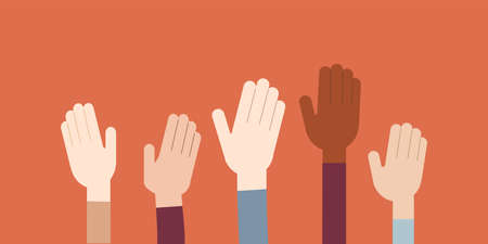 People vote with their hands. Raised hands of people of different nationalities. Vote by show of hands. Vector isolated illustration.のイラスト素材
