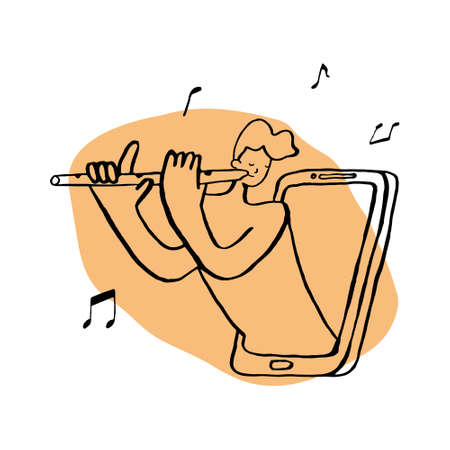 A man plays the flute inside the phone. Flute teacher. Online music lessons.のイラスト素材