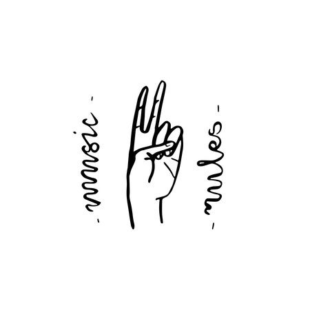 Hand victory and the inscription Music rules. Ink sketch vector illustration isolated on white background.のイラスト素材