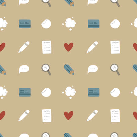 A pattern consisting of icons for social networks. The pattern depicts main elements reflecting activities in social networks. The drawings are made in natural colors - beige, green, white, blue. Iのイラスト素材