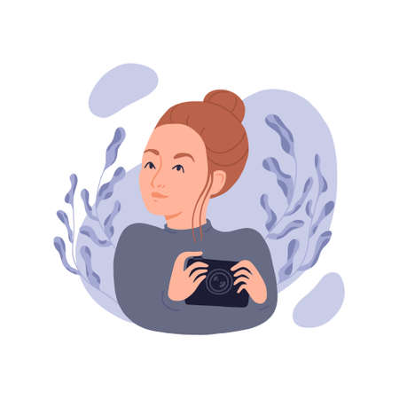 Young woman with a camera in her hands. Girl photographer on a background of plants. Isolated vector illustration on white background.のイラスト素材