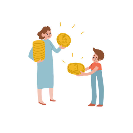 Mom gives her son money. The woman and the boy are holding money. Childrens finance. Vector isolated fully editable illustration.のイラスト素材