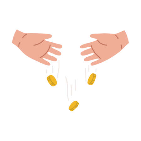 Loss of money by a child. Waste of the budget by children. Money flows through childrens fingers. Coins fall out of the childs hands. Vector isolated fully editable illustration on white background.のイラスト素材