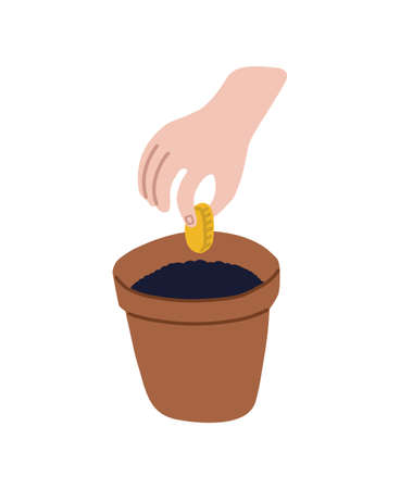 A childs hand plants a coin in a pot of soil. Childrens finance and investment. Financial literacy. Vector isolated fully editable illustration on white background.のイラスト素材