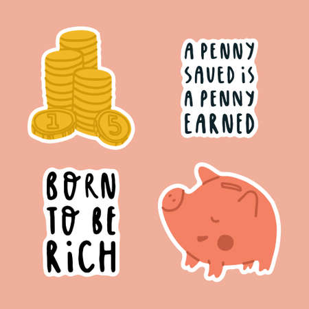 A set of stickers about children's financial literacy. Pig piggy bank, gold coins and financial lettering. The penny saved is the penny earned. Born to be rich. Isolated vector illustration on white background.のイラスト素材