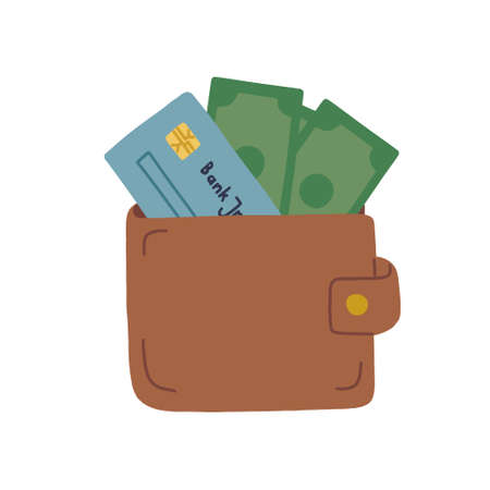 Wallet with debit card and banknotes. Financial literacy. Vector isolated fully editable illustration on white background.のイラスト素材