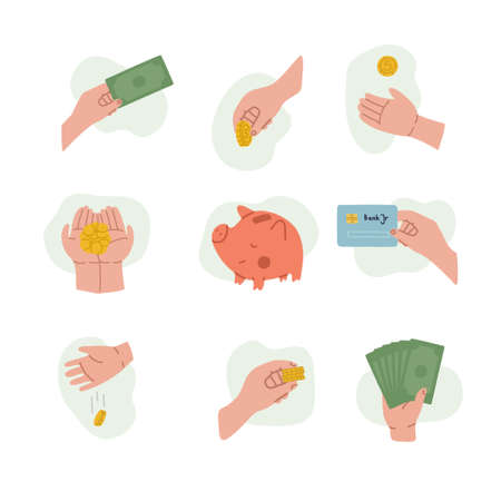 Handling money for children. Getting pocket money, saving money, wasting and losing money. Childrens hands are holding green banknotes and gold coins. Isolated vector illustration on white background.のイラスト素材