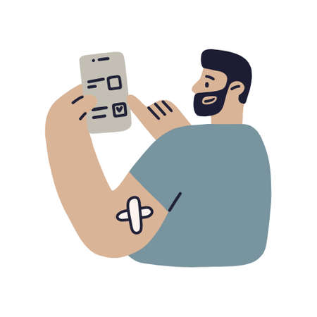 Vaccinated punctual joyful man with plaster on his shoulder. The man who got the vaccine and ticks the to-do list. Vector fully editable isolated illustration on white background.のイラスト素材