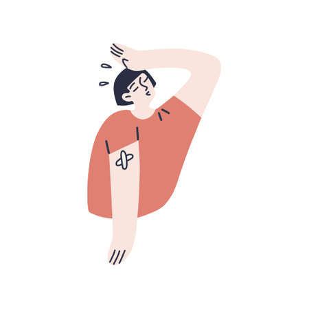 Young Asian girl feeling relief after vaccination. The state of health after vaccination. Hurray, I was vaccinated. Vector fully editable isolated illustration on white background.のイラスト素材