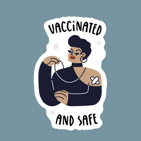 Young modern woman vaccinated from covid in a black evening dress. Kiss me - Im vaccinated. Vector fully editable isolated illustration on white background.のイラスト素材