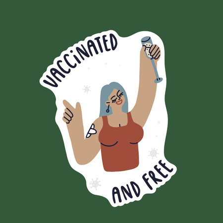 Vaccinated party girl with a glass of sparkling wine having fun at the party. A girl in a red shirt with a plaster after being vaccinated against covid. Vector isolated fully editable illustration.のイラスト素材