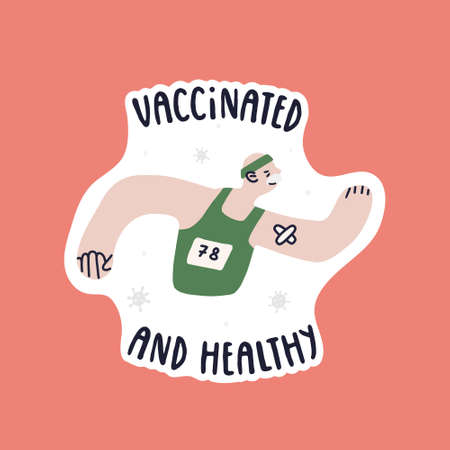 Vaccinated old man athlete runner in a green jersey and a green bandage on his head. Elderly Caucasian man with a plaster on his arm after vaccination. Vector isolated fully editable illustration.のイラスト素材
