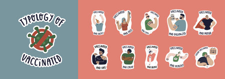 A set of characters vaccinated against covid with different emotions - pride, joy, luck, health,...