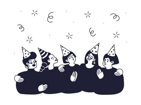 Girls of different nationalities - Asian, Afro, Caucasian - are celebrating the holiday. Festive party of friends. Vector isolated fully editable illustration on white background.のイラスト素材