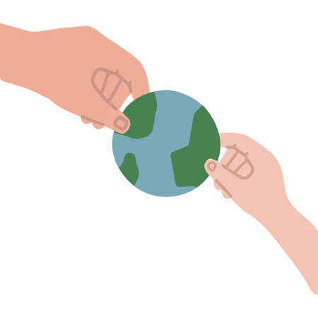 An adult hands over the earth to a child. An adult hand gives the globe to a childs hand. We do not inherit the earth from our ancestors, we borrow it from our children! Vector isolated illustration.のイラスト素材