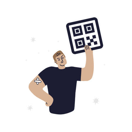 Happy vaccinated man with QR code. Hand with a plaster after vaccination. Vector fully editable isolated illustration on white background.のイラスト素材