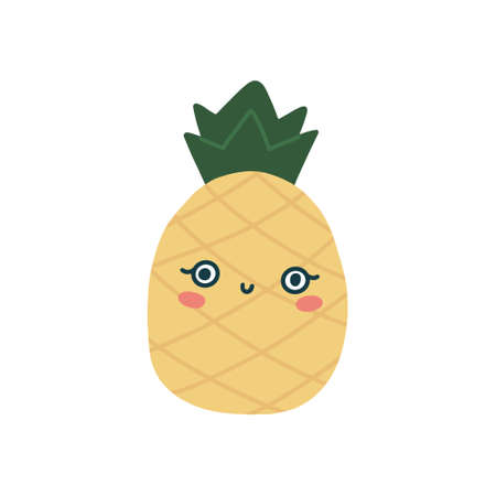 Cute kawaii pineapple with eyes and a smile. Yellow pineapple with green leaves. Cartoon childish image of pineapple character. Isolated fully editable vector flat illustration on white background.のイラスト素材