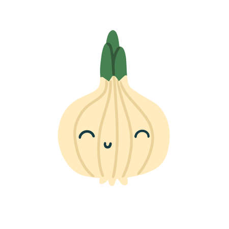 Cute kawaii onion. Kind childrens vegetable character with eyes and a smile. Vector isolated flat illustration on white background.のイラスト素材