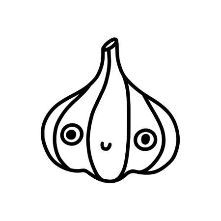 Cute kawaii garlic. Kind childrens vegetable character with eyes and a smile. Vector isolated line illustration on white background.のイラスト素材