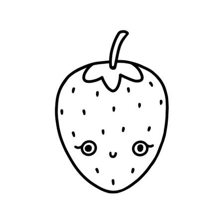 Cute kawaii strawberry red. Kind childish berry character with eyes and a smile. Vector isolated line illustration on white background.のイラスト素材