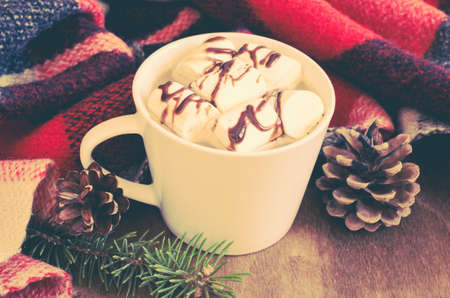 Hot Cocoa or coffee with marshmallows, cones, cozy warm blanket or plaid on wooden background. Winter, New Year, Christmas still life. Vintage Toned. Selective Focus.の写真素材