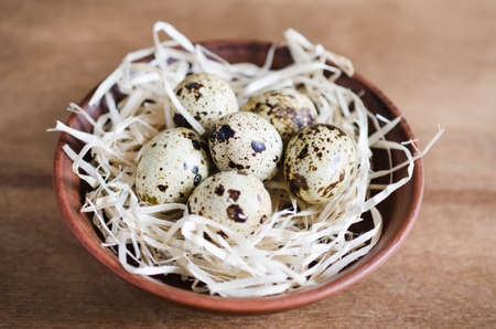 Fresh Organic Quail Eggs in a Ceramic Bowl on Wooden Background. Rustic stile. Selective Focus.の写真素材